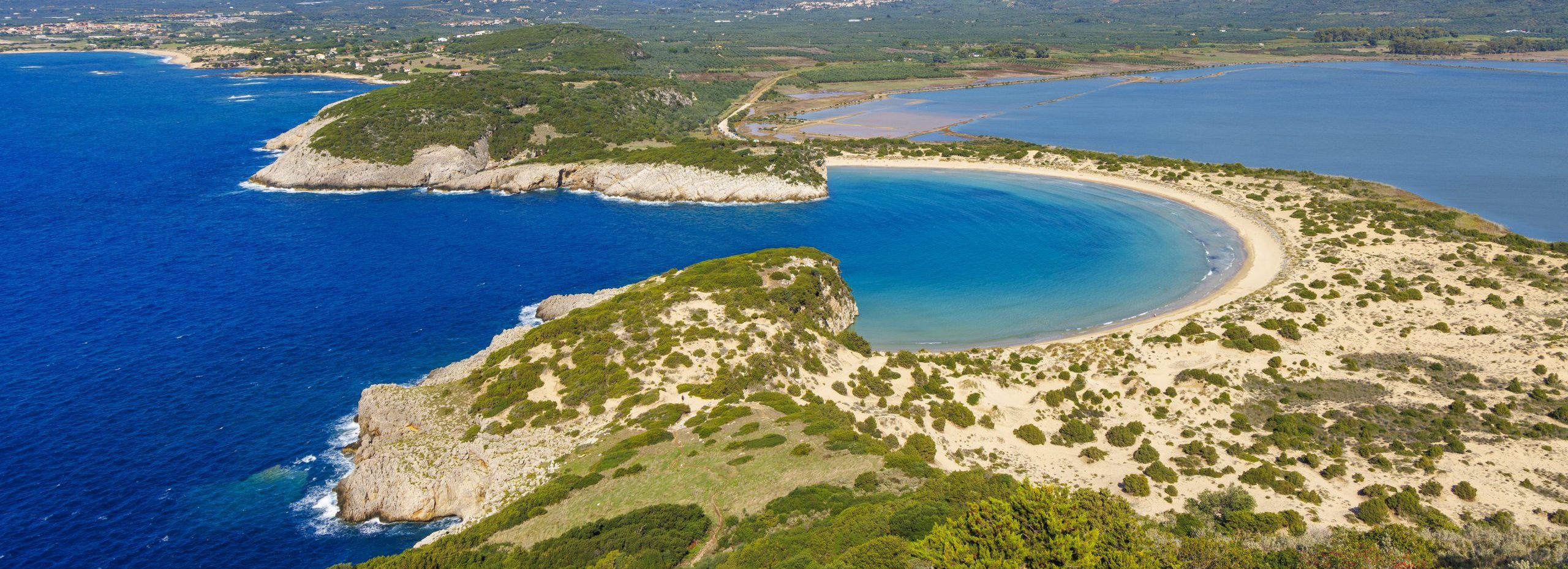Beautiful aerial beach view in Greece- Travel, tour tourism, vacation- Voidokilia beach, Pylos, Peloponnese